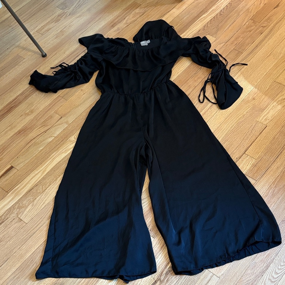 ASOS Black Wide-Leg Jumpsuit with Ruffle Neck